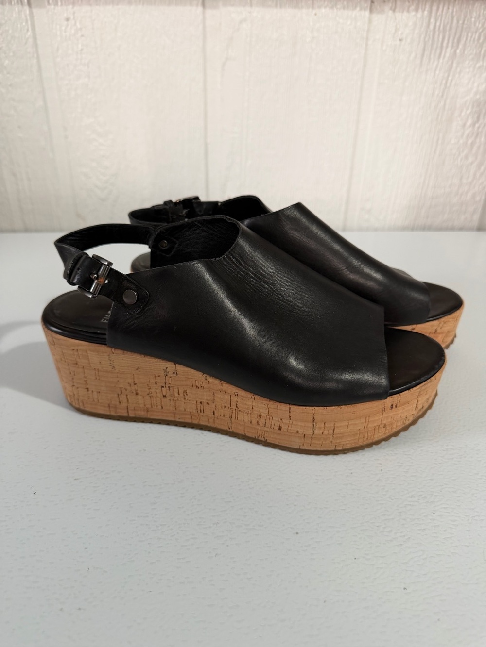 Eileen Fisher Black Leather Cork Platform Slingback Sandals Women’s 8.5